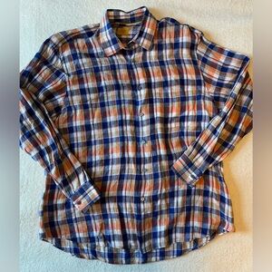 Robert Talbott Carmel plaid button-down shirt. Blue orange white. Men’s XL.
